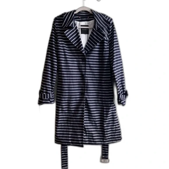Talbots Blue White Striped Belted Trench Coat Jacket Lined Cotton - Large - Picture 1 of 10